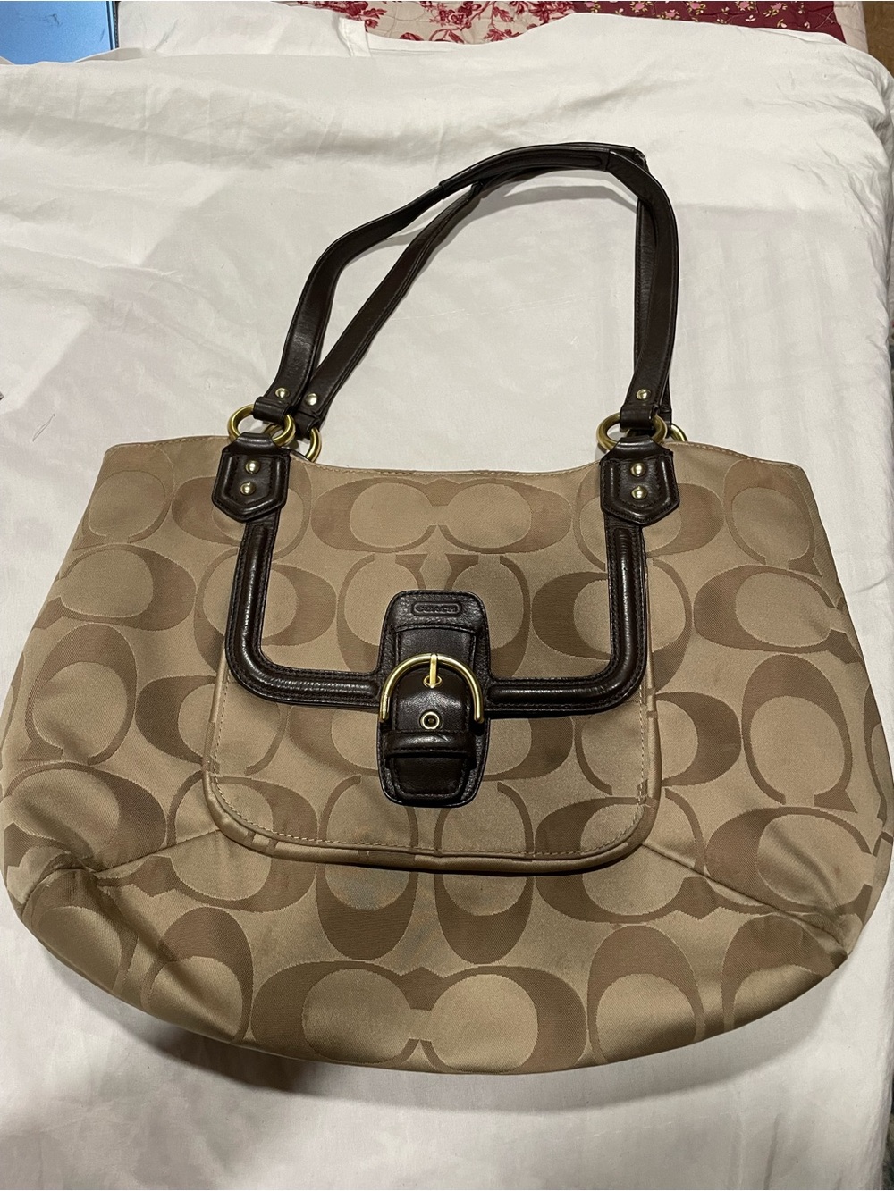 Coach Beige Khaki Signature Canvas Tote with Dark Brown Trim - Picture 1 of 3